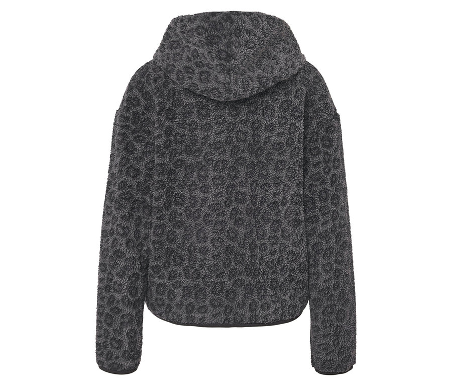 Hayvan desenli gri, tüylü kapüşonlu bir sweatshirt'ün arka görünümü.