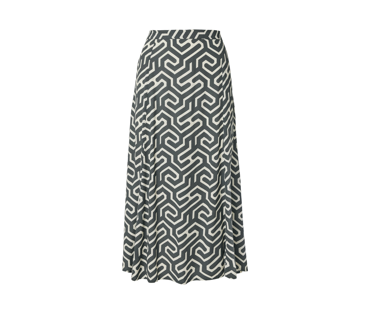Gri ve beyaz geometrik desenli, baskılı midi etek