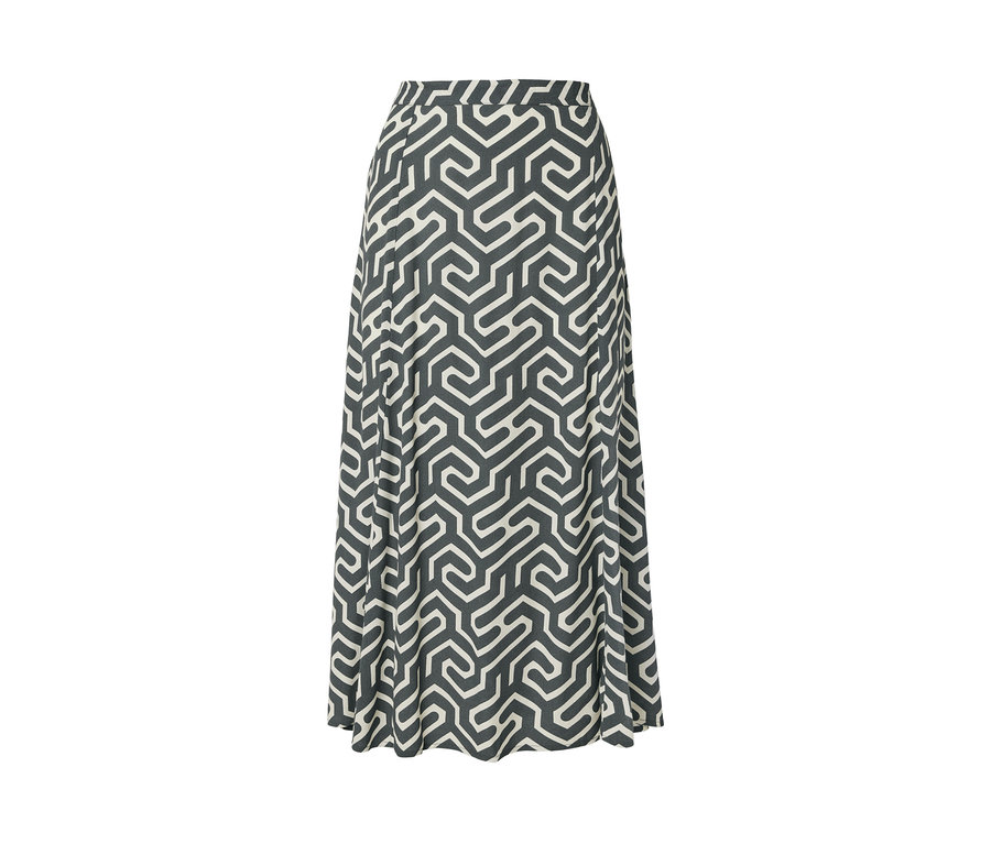 Gri ve beyaz geometrik desenli, baskılı midi etek