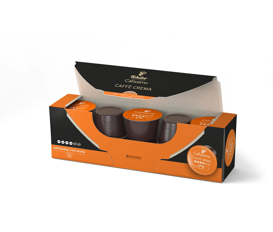 Açılmış bir paket Cafissimo Caffè Crema kahve kapsülü görülüyor.