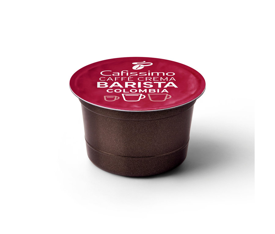 Koyu kahverengi, kırmızı kapaklı ve beyaz yazılı Caffè Crema Colombia kapsülü.