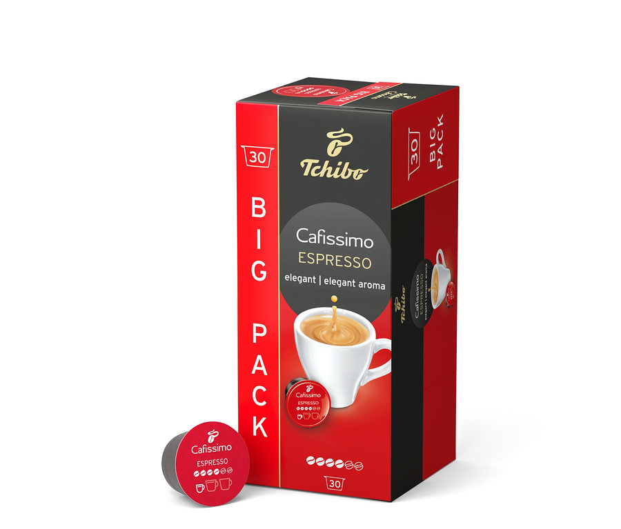 Kırmızı ve siyah Big Pack Cafissimo Espresso Elegant Aroma 30 Kapsül paketi, yanında tek bir kırmızı kapsül.
