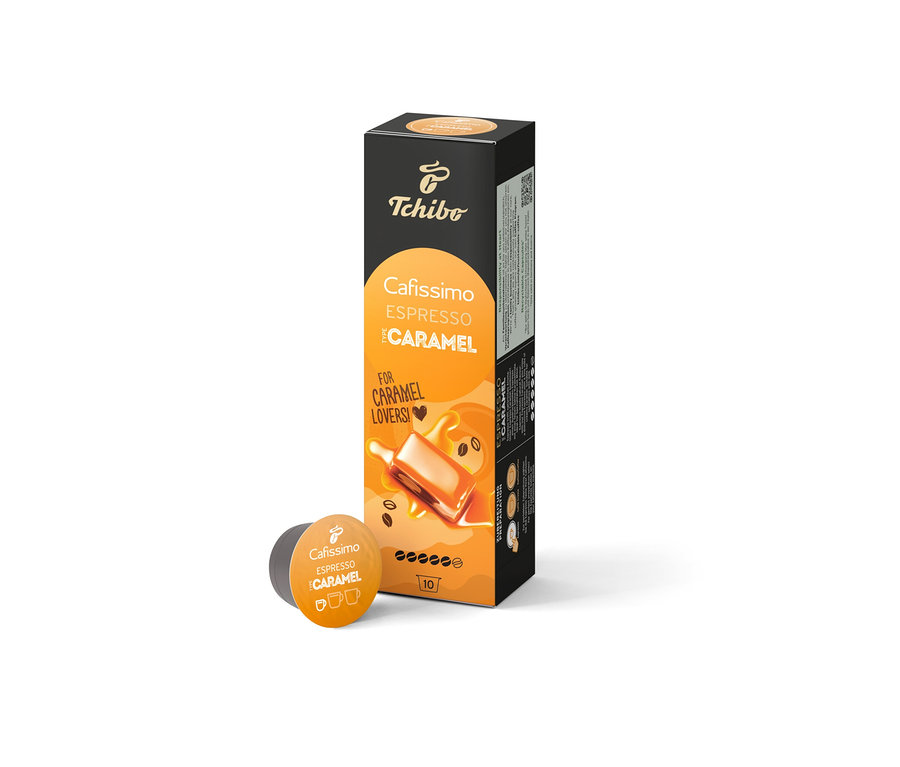 On kapsül içeren bir paket ve bir kapsül Cafissimo Flavoured Edition – Espresso Caramel