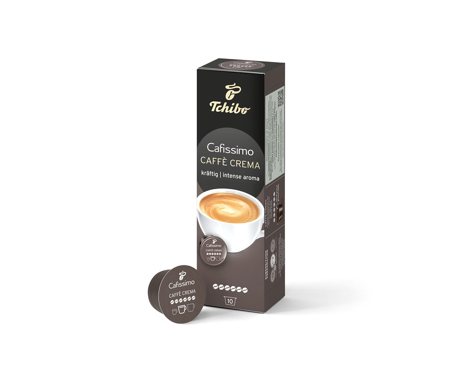 Bir adet Caffè Crema Intense Aroma 10 Kapsül paketi, tekli kapsülün yanında duruyor. Paketin üzerinde bir fincan kahve resmi var.