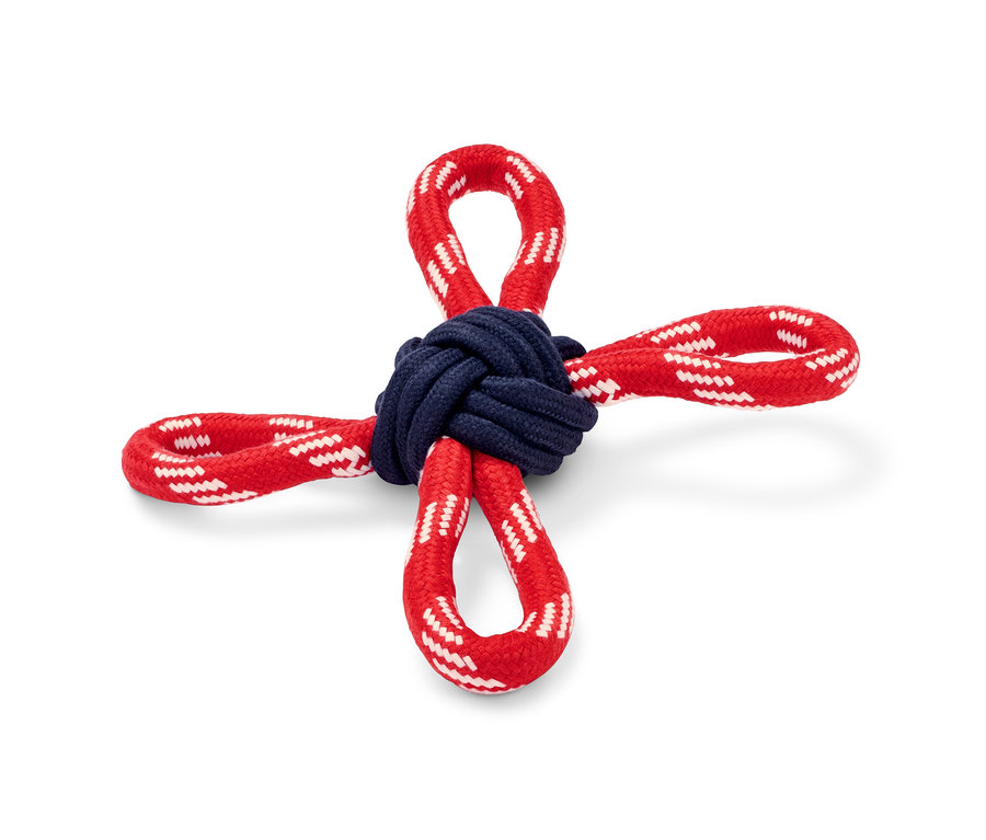 Kırmızı ve beyaz köpek oyuncağı, çekme halatı mavi bir düğüme bağlanmış, beyaz bir zeminde duruyor.