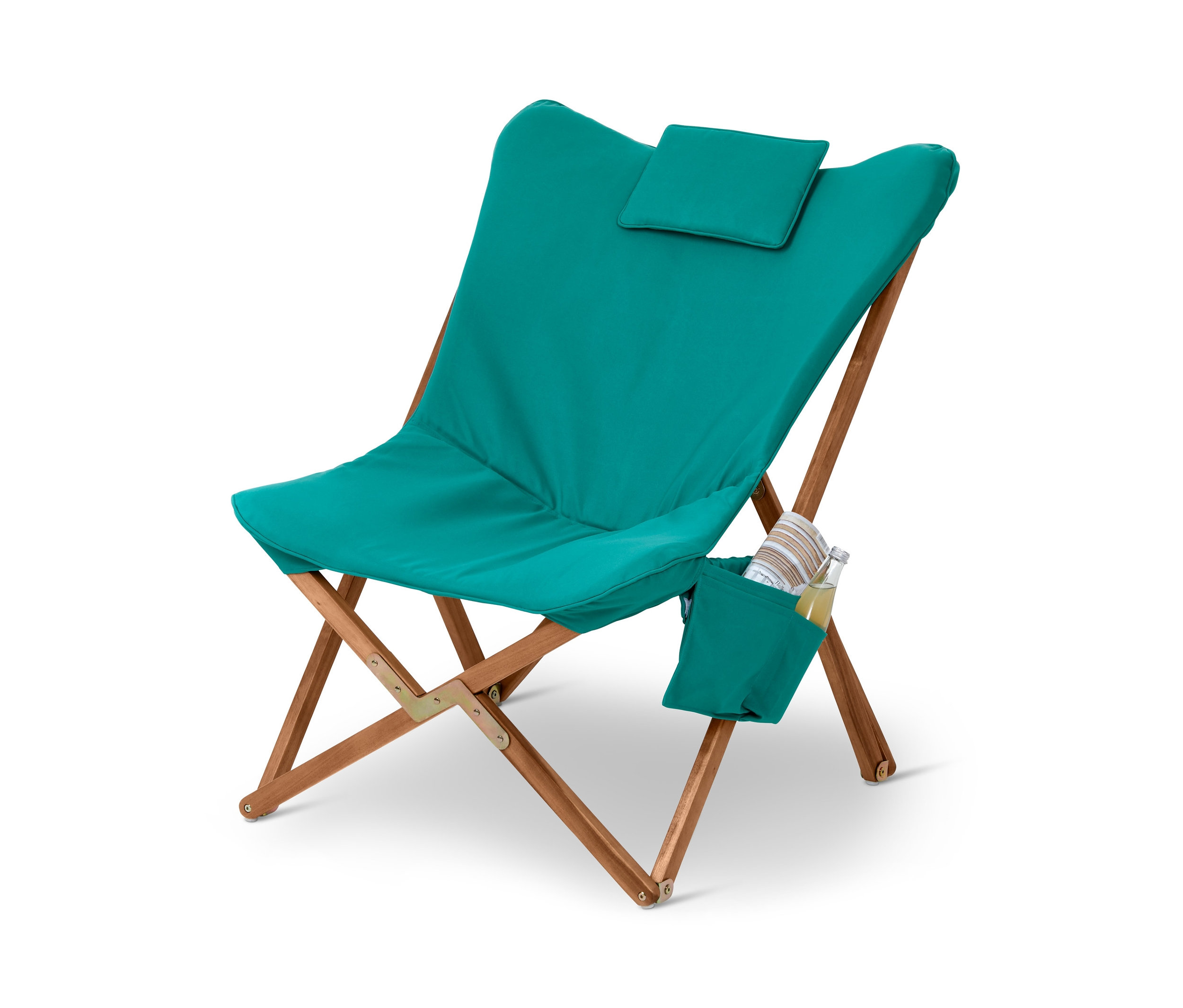 Petrol rengi, ahşap çerçeveli ve yan cepli Outdoor Şezlong Koltuk.