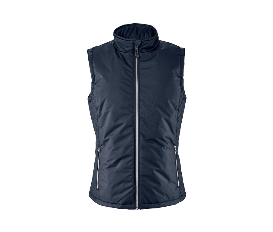 Geri dönüştürülmüş malzemeden yapılmış lacivert kadın binici yeleği.