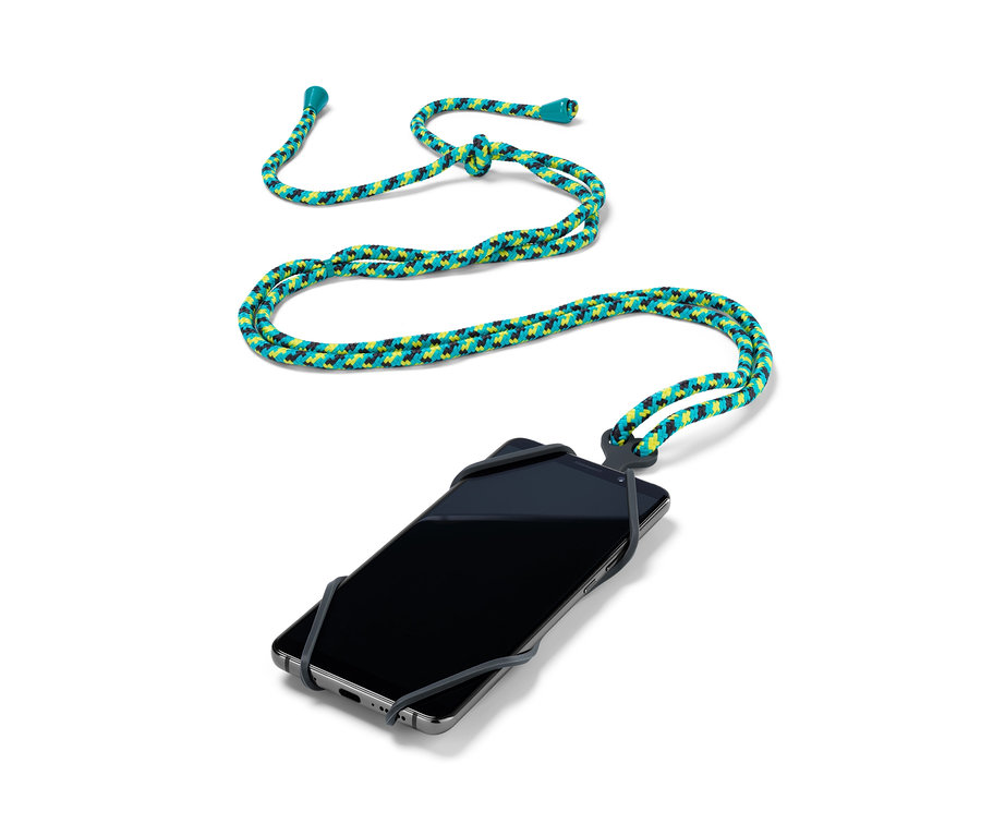 Akıllı telefon askısı olan siyah akıllı telefon.