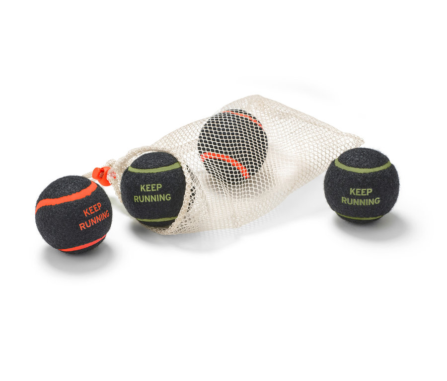 Dört adet köpek oyuncağı topu kısmen bir file torbada duruyor. Toplar koyu gri renkte, renkli şeritlere ve "Keep Running" baskısına sahip.