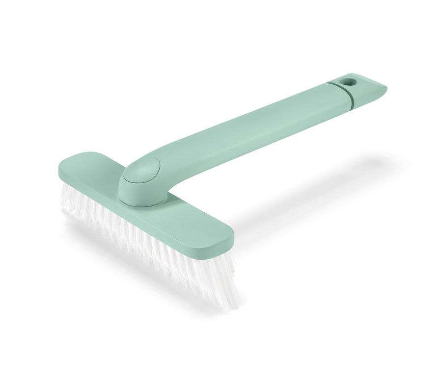 Beyaz arka planda beyaz kıllara sahip yeşil renkli 4'ü 1 arada derz temizleyici.