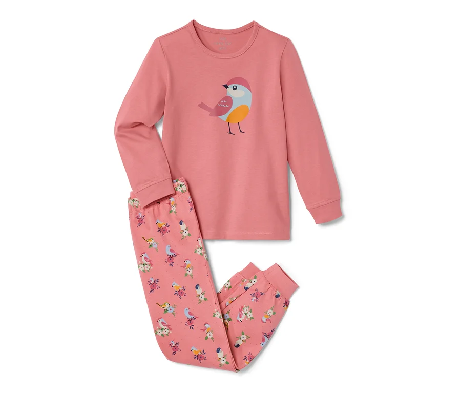 Pembe renkli, kuş ve çiçek desenli 2 Adet Küçük Çocuk Pijama Takımı.