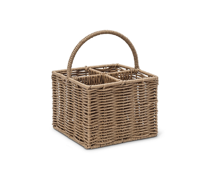 Saplı ve dört bölmeli kahverengi servis sepeti.