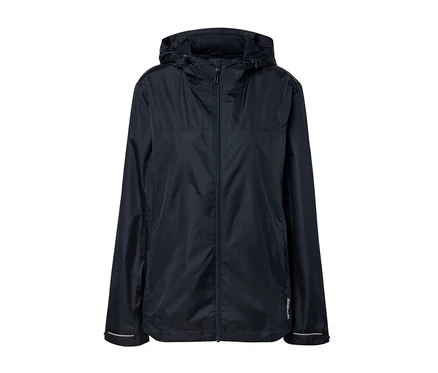 Fermuarlı ve kapüşonlu, lacivert, unisex yağmurluk.