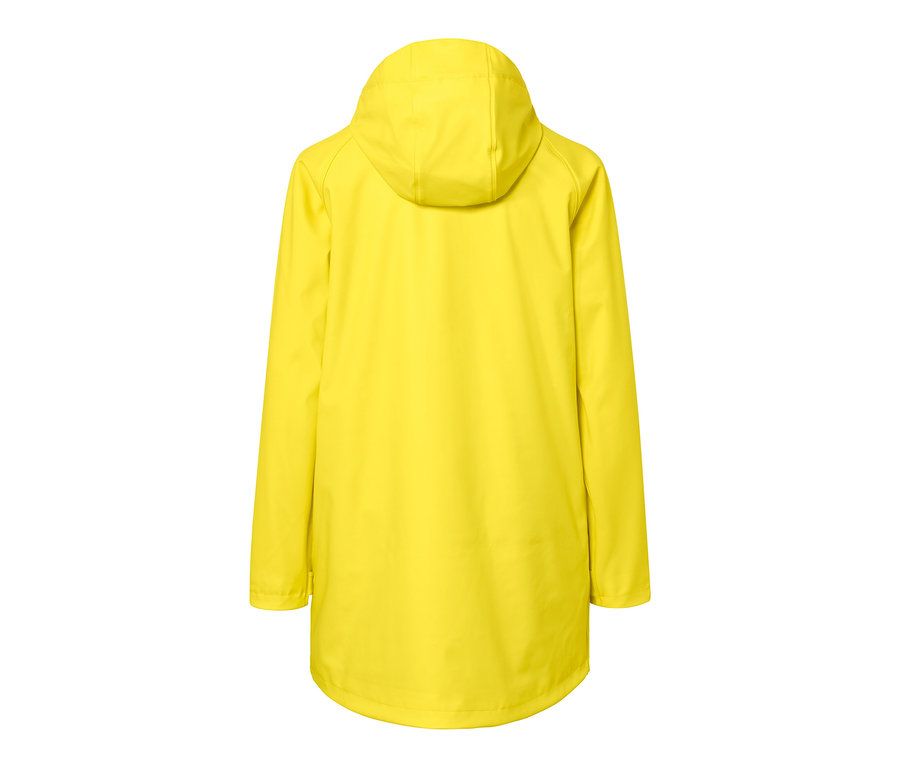 Sarı renkli yağmur parkası arkadan görünümü.