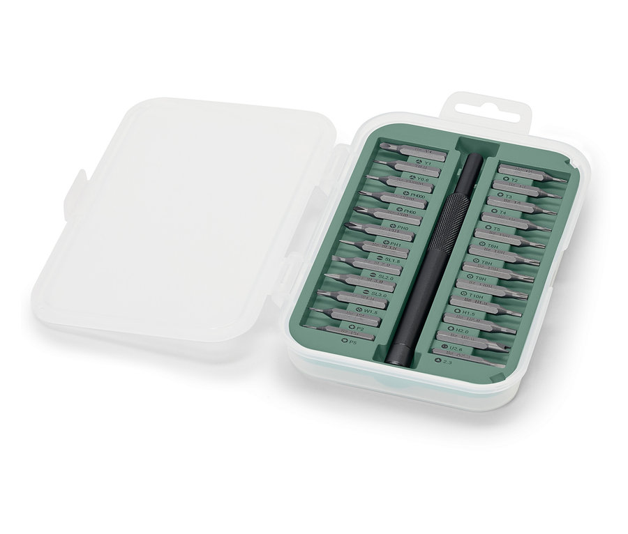 Plastik bir kutuda hassas tornavida seti.