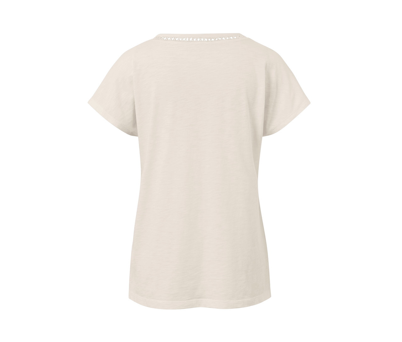 Modal karışımından krem beyazı bir tişörtün yakın çekim detayı.