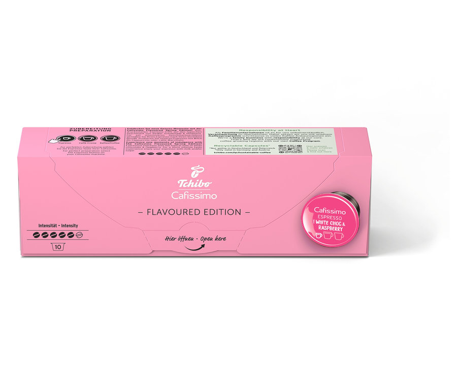 Bir paket Cafissimo Flavoured Espresso - Beyaz Çikolata ve Ahududu - 10 kapsül.