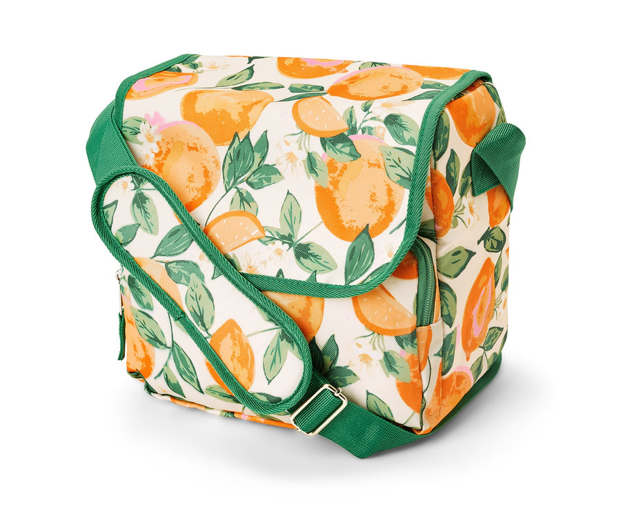 Narenciye desenli, yeşil detaylı mini soğutucu çanta.