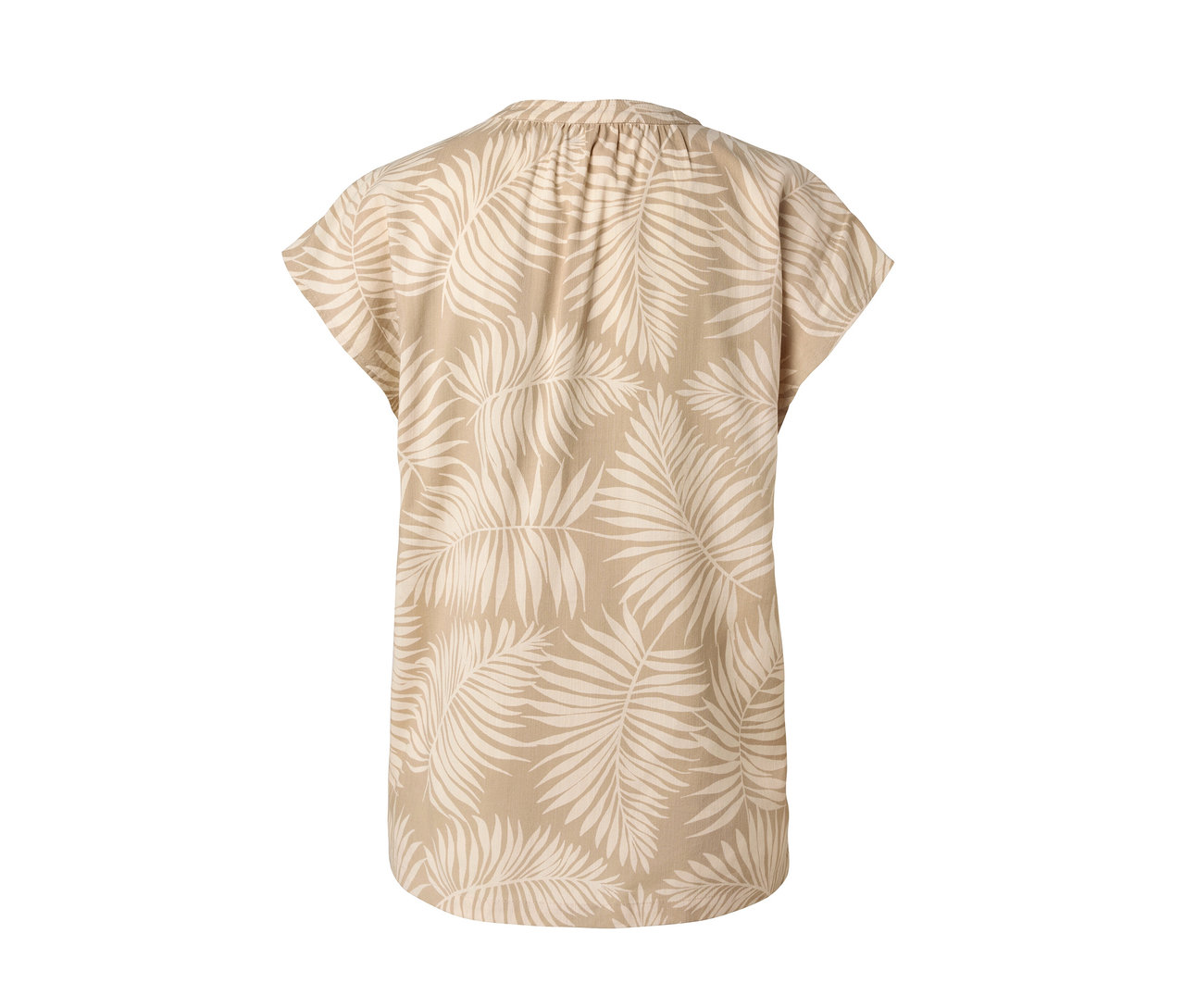 Bej rengi, yaprak desenli kısa kollu bluz.