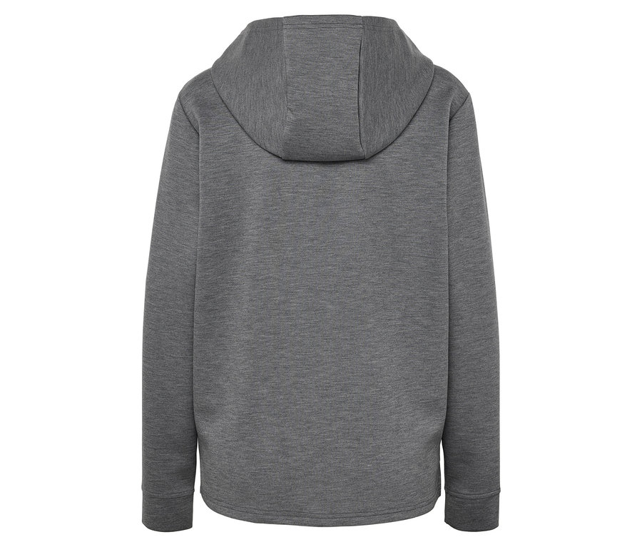 Gri kapüşonlu bir kapüşonlu sweatshirt'ün arka görünümü.