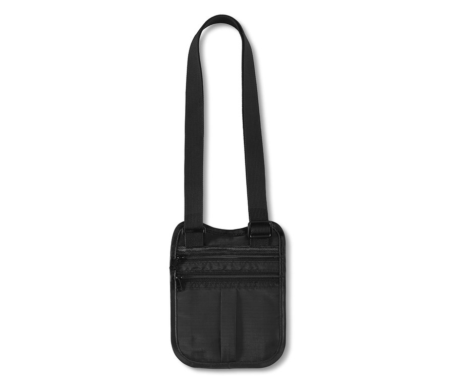 Siyah, ayarlanabilir askılı omuz çantalı güvenlik çantası.