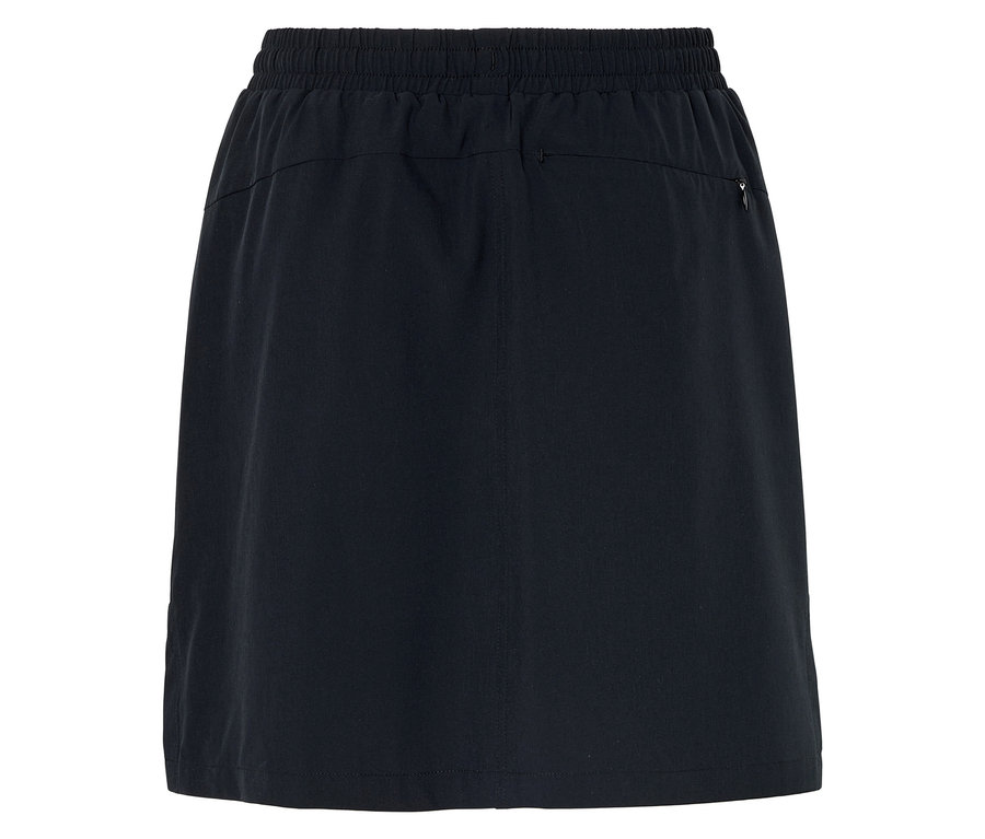 Elastik belli ve fermuarlı cepli siyah eteğin arka görünümü.