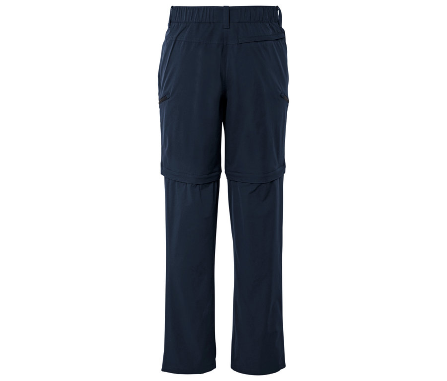 Arkadan fotoğraflanan, diz altında fermuarı olan lacivert, uzun pantolon.