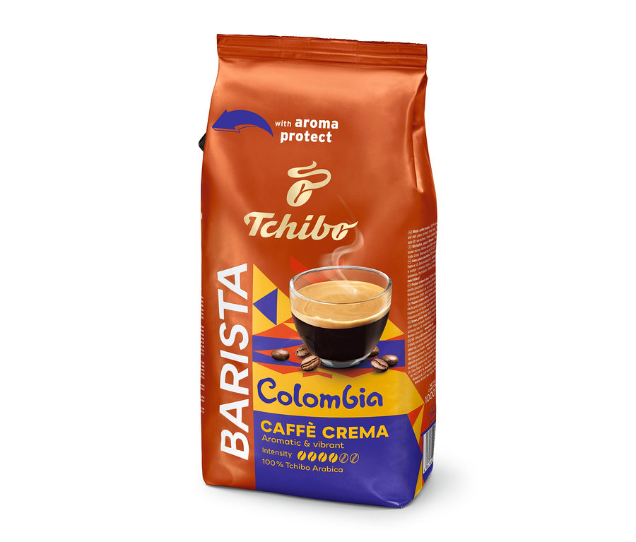 Dik duran, kahverengi-mavi BARISTA Origins Colombia - 1 kg çekirdek kahve paketi, bir fincan kahve ve kahve çekirdekleri ile birlikte.