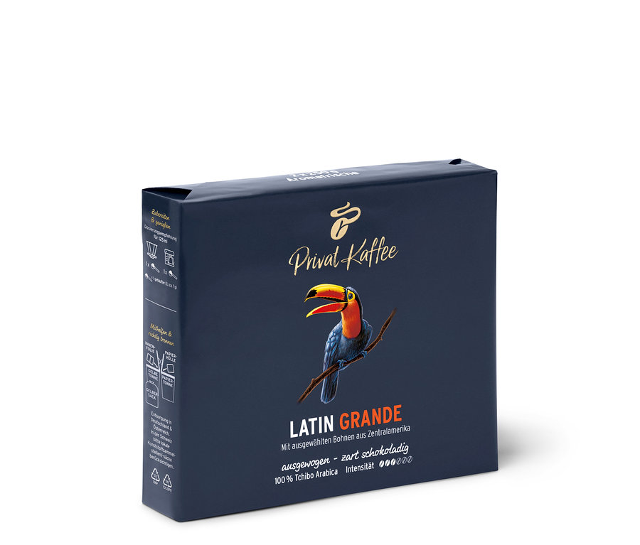 Bir paket Privat Kaffee Latin Grande kahvesi üzerinde bir tukan kuşu var.