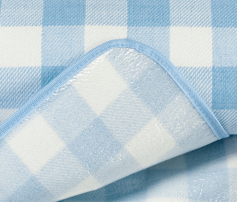 Mavi ve beyaz renklerde küçük kareli piknik örtüsü detayı.