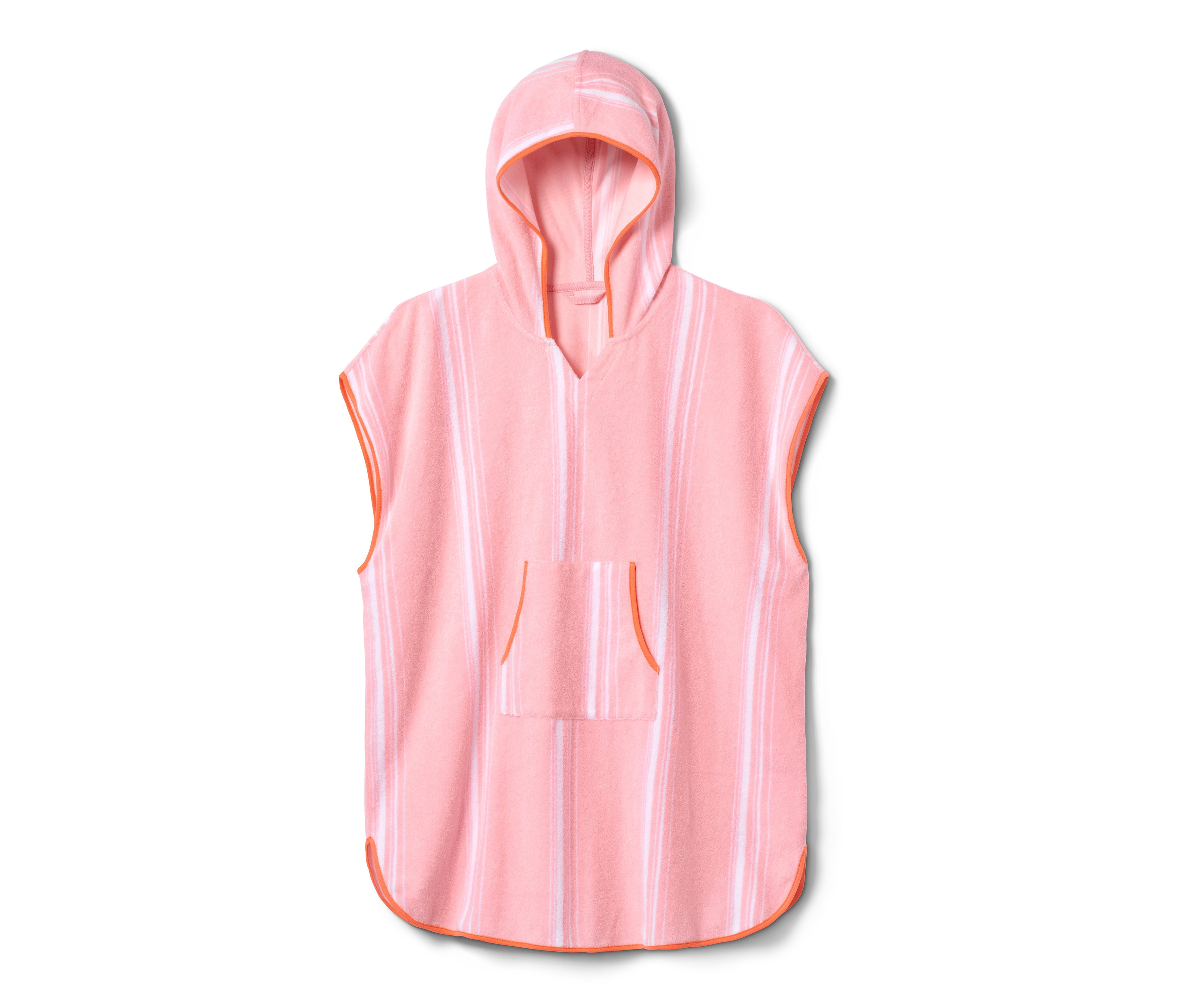 Kapüşonlu ve çizgili, pembe renkli organik pamuklu havlu panço.