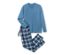 Mavi kareli flanel pijama, uzun kollu ve V yakalı.