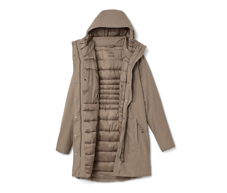 Açık, bej renkli, kapüşonlu ve astarlı kadın termal mont.