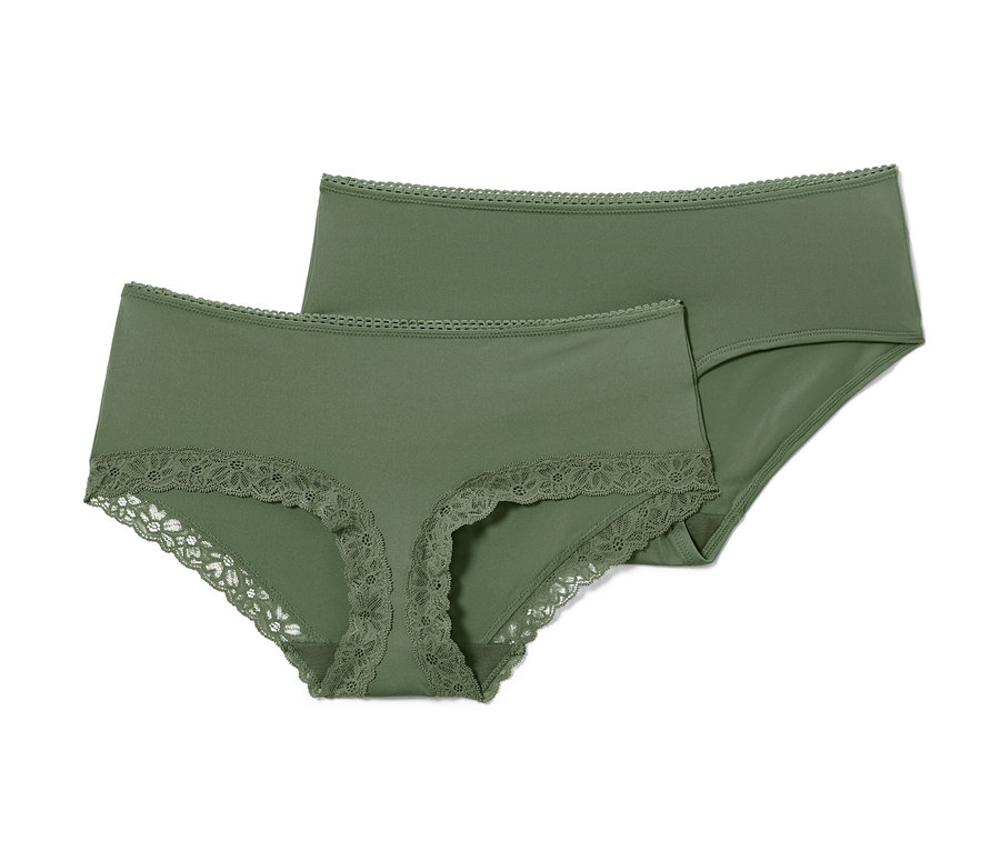 Biri dantelli, iki adet zeytin yeşili geniş kenarlı külot.