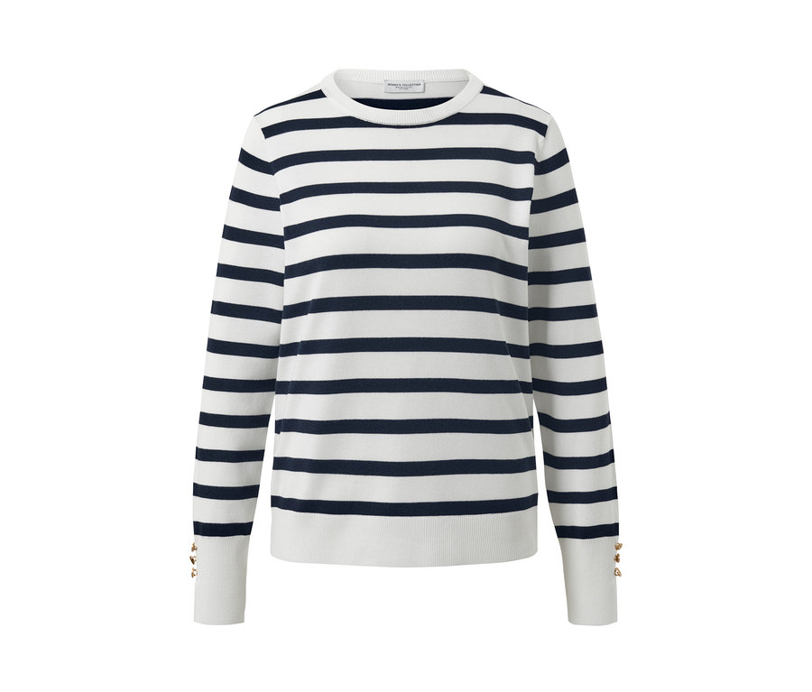 Çizgili, beyaz ince örgü kazak