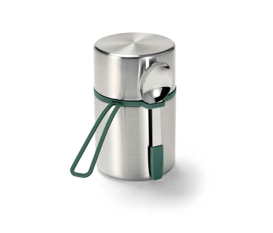 Gümüş renkli, yeşil detaylı ve kaşıklı Taşınabilir Termos Kap.