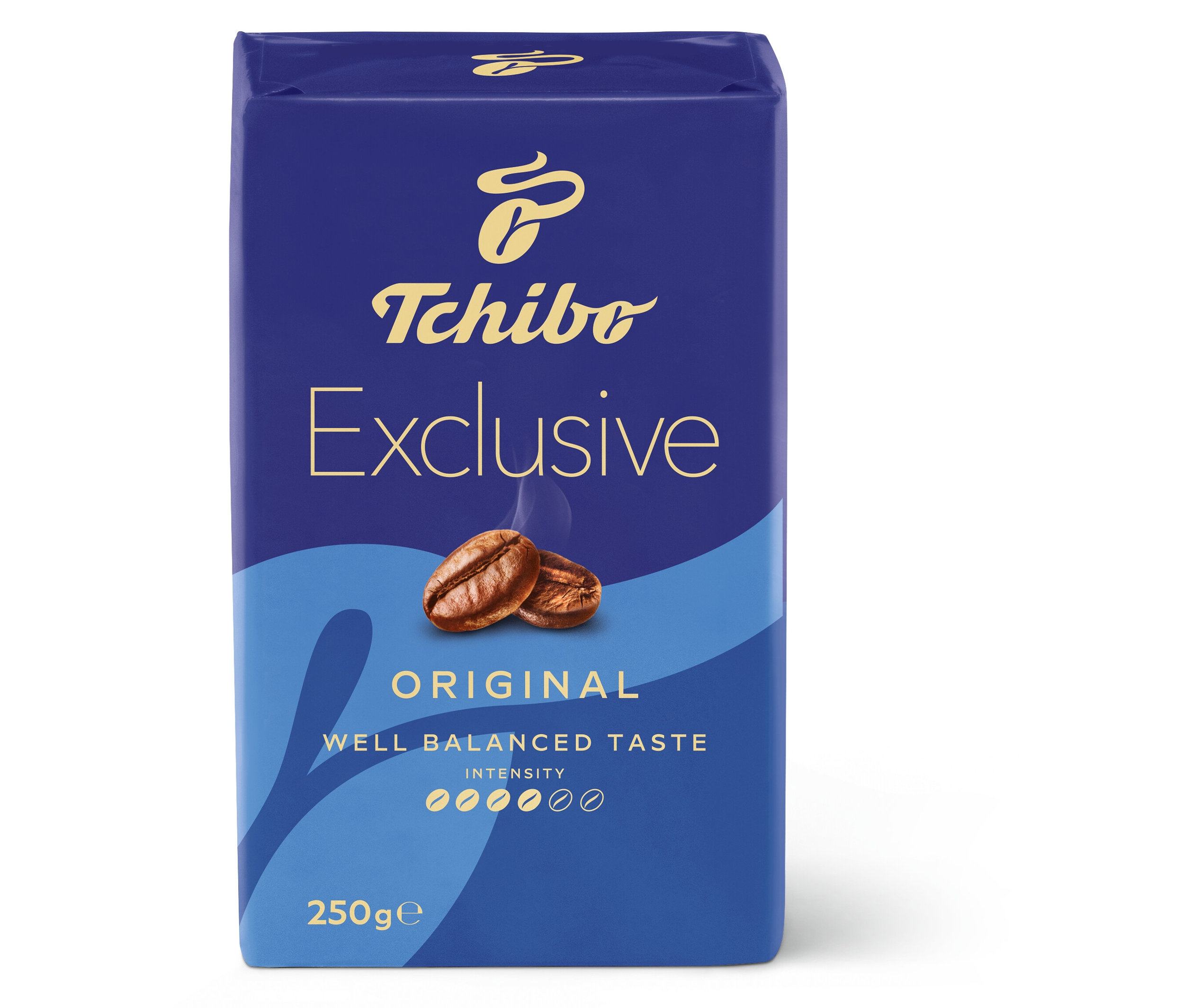 Mavi ambalajda bir paket Tchibo Exclusive öğütülmüş kahve, 250 g.