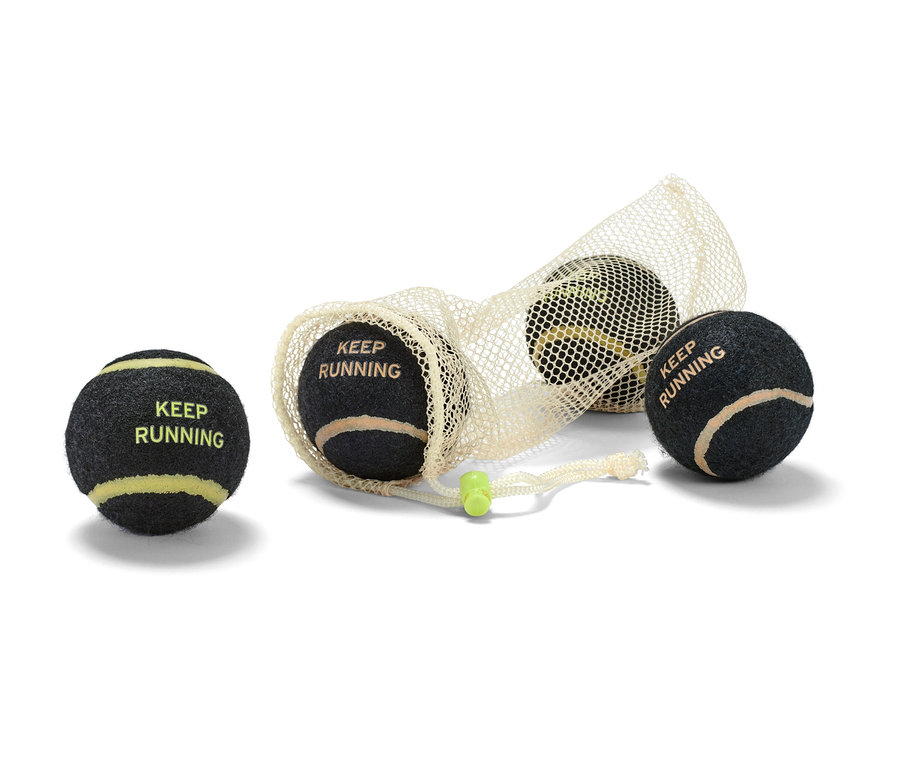 Dört adet köpek oyun topu, üçü file çantada.