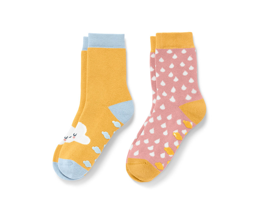 Bulut ve yağmur damlası desenli iki çift pembe bebek kaydırmaz çorap.