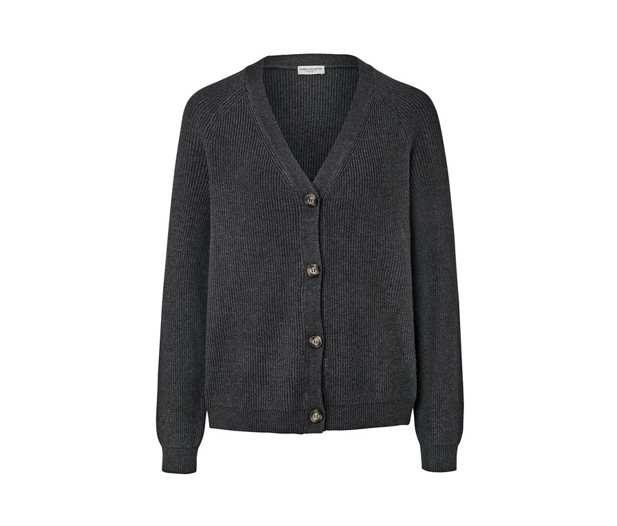 Düğmeli, gri, kalın örgülü hırka