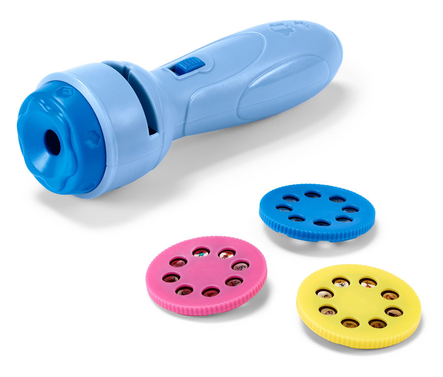 Mavi bir projektör el feneri ve beyaz bir arka plan üzerinde resimler içeren üç renkli disk.