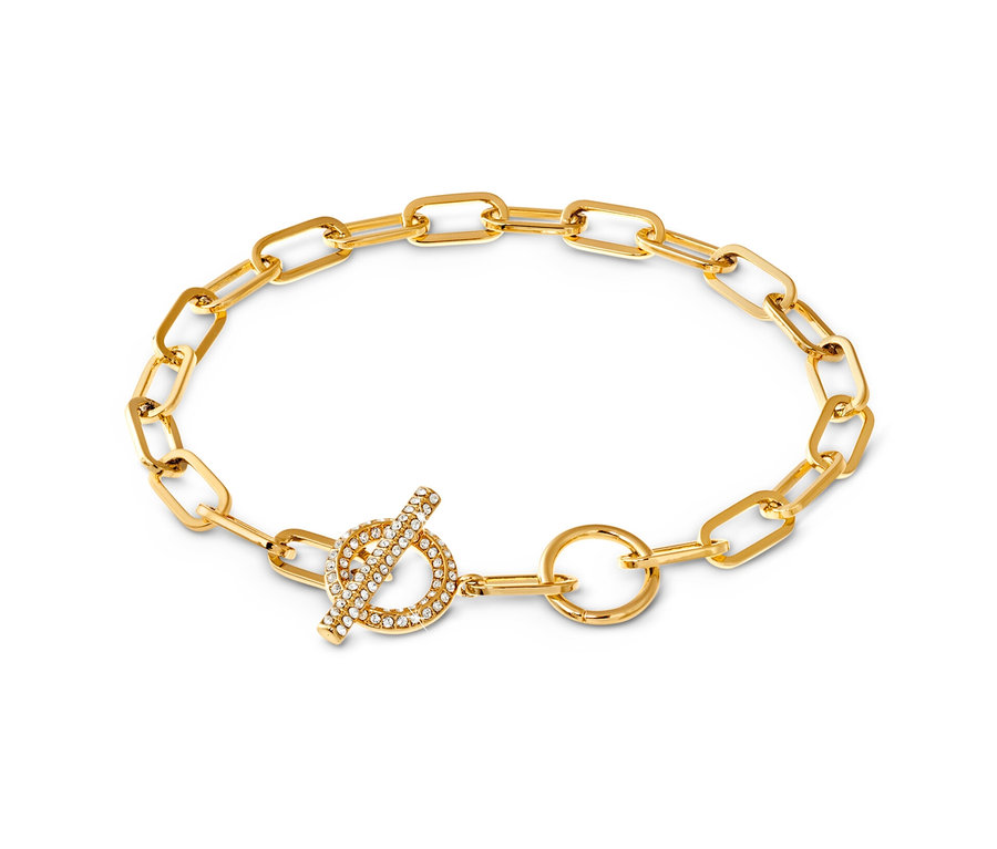 Beyaz arka planda kristal taşlı altın renkli geçme bileklik