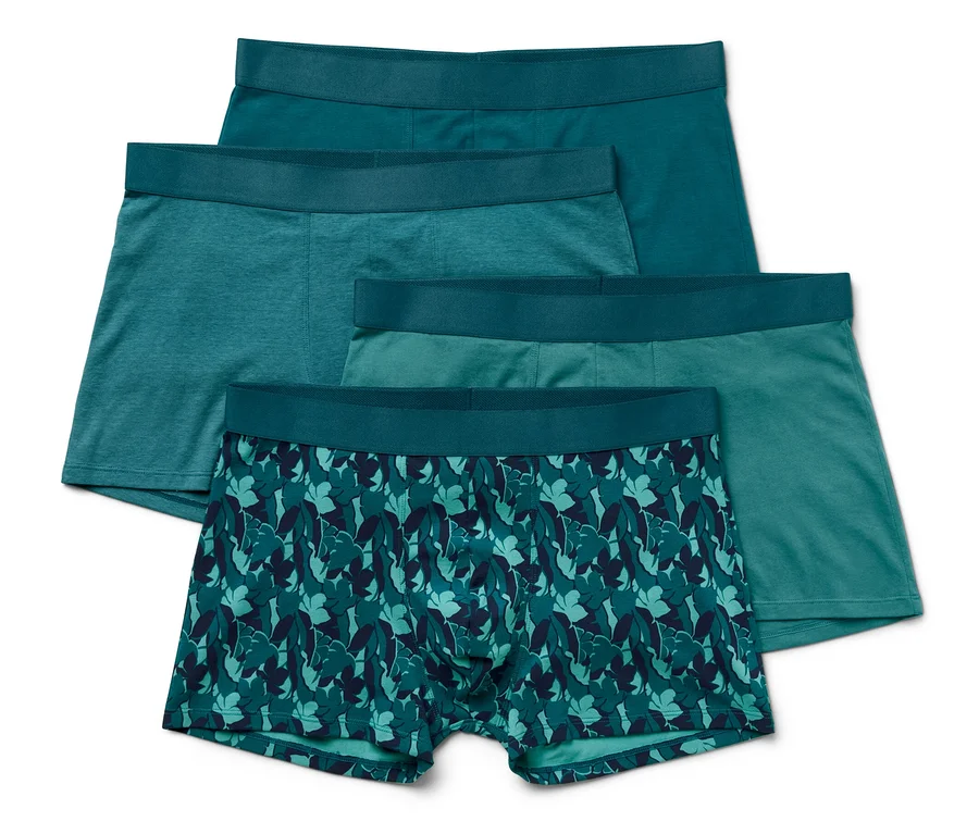 Dört adet, mavi ve yeşil tonlarında, tamamı baskılı slip boxer üst üste duruyor.