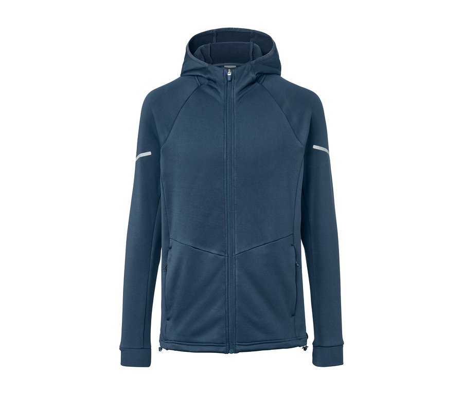 Fermuarlı ve kapüşonlu mavi termal ceket.