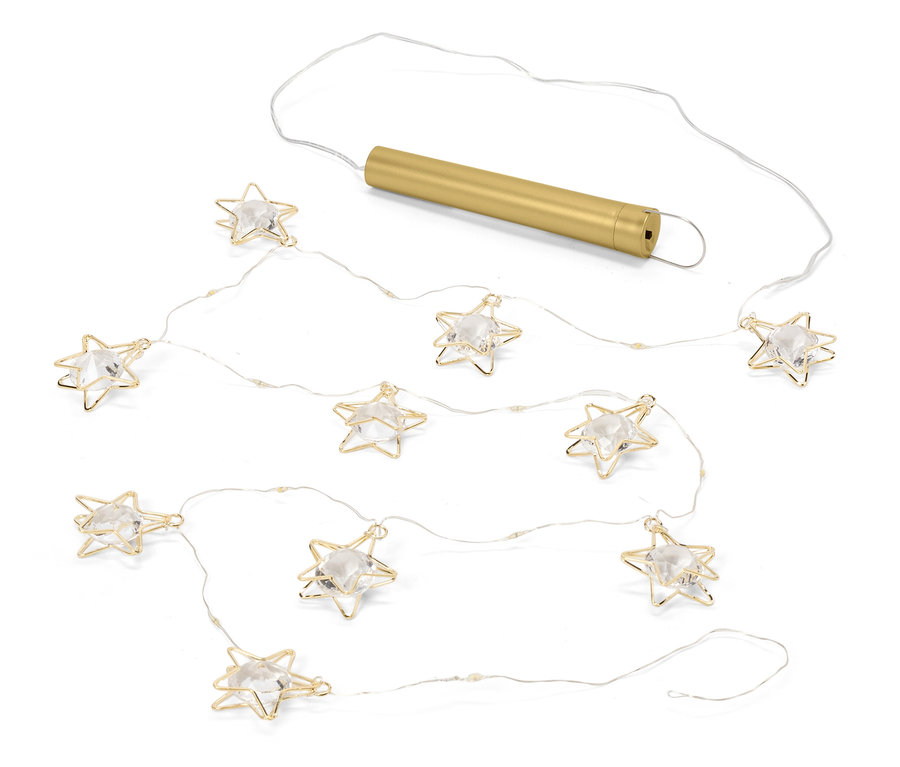 Altın tel çerçeveli ve şeffaf taşlı on yıldız ve altın pil kutusu olan ışık zinciri.