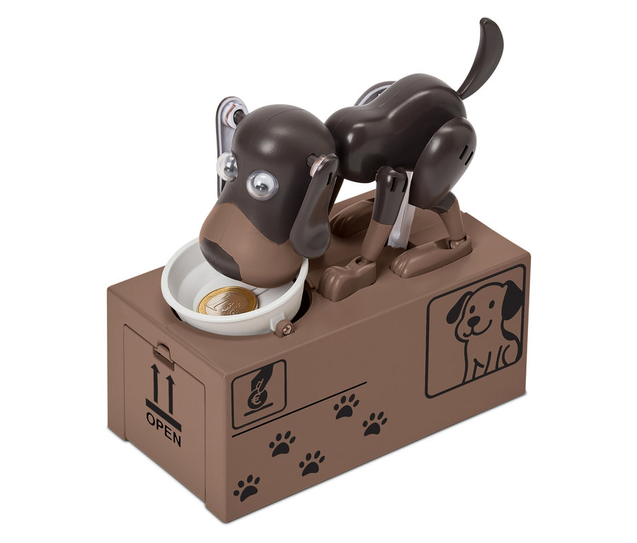 Kahverengi robot köpek kumbara, kasede madeni para var.