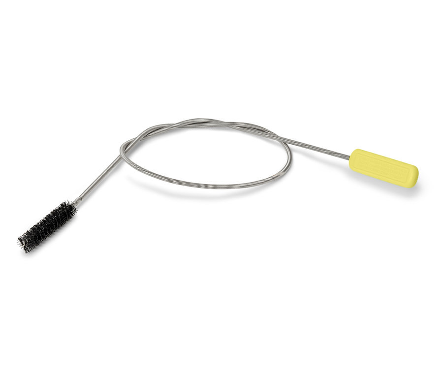 Beyaz arka planda sarı saplı ve siyah fırça başlıklı esnek temizleme fırçası.