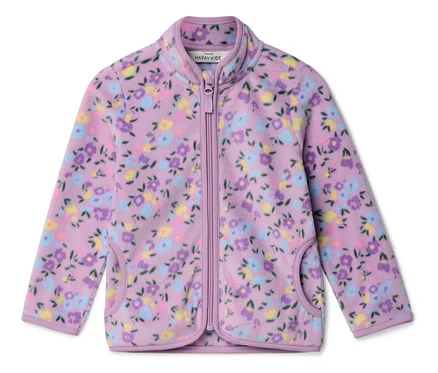 Lilac renkli, her yerine çiçek deseni işlenmiş polar ceket düz bir şekilde serilmiş. Ceketin tam boy fermuarı ve iki cebi var.
