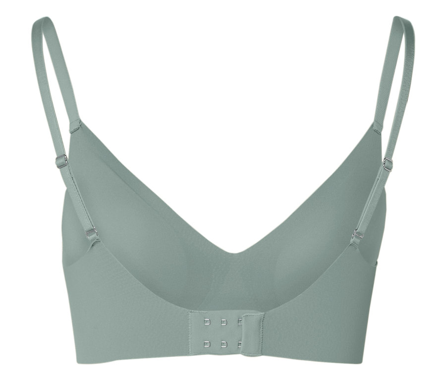 Ayarlanabilir askılı ve kopçalı açık yeşil bir sütyenin arka görünümü.