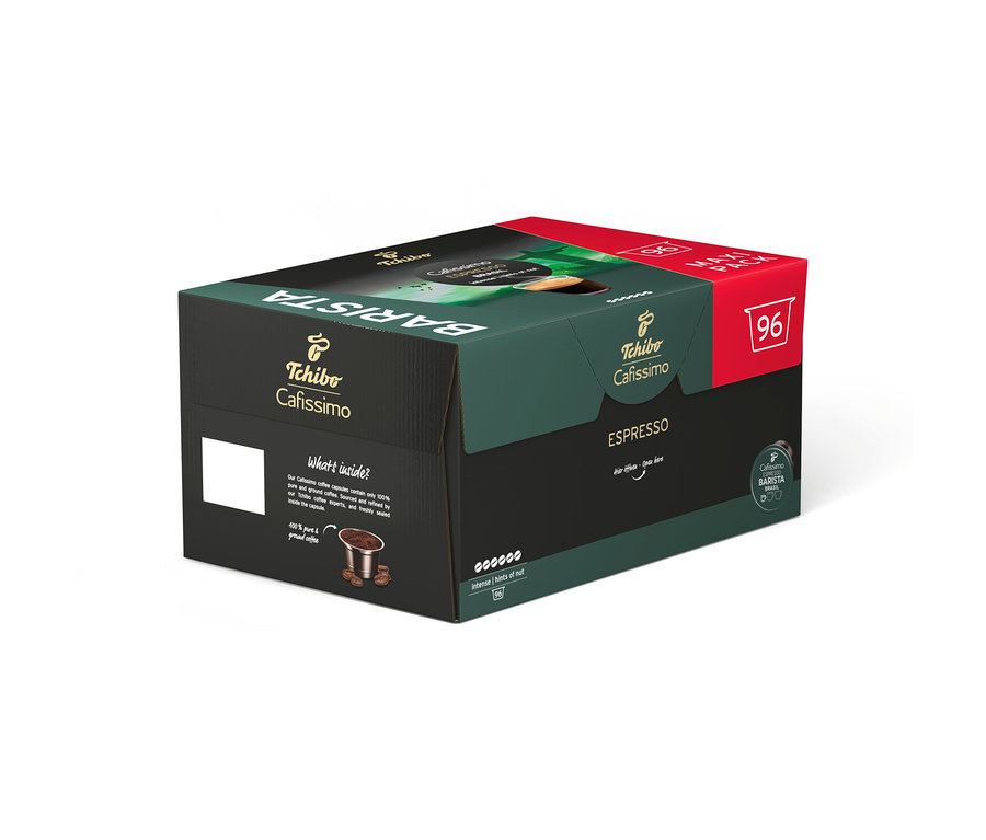Yeşil ve kırmızı Tchibo Cafissimo BARISTA Espresso Brasil 96 kapsül kutusu, hafifçe açık, bir kapsülü gösteriyor.